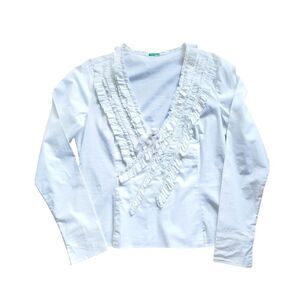 Romantic White Blouse Ruffle V Neck Long Sleeve Sz L